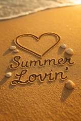 Summer Lovin’ Message with Heart and Shells on Glowing Beach Sand at Dusk
