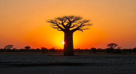 Obraz premium Majestic Baobab Silhouette Against a Fiery African Sunset Landscape.