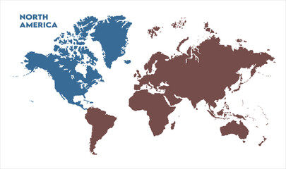 World map with North America focus-12, Map of North America, highlighted on the world map, North America on the world map, Satellite view, North America's location on the globe.