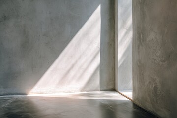 Sunlight streams into a corner room with gray concrete walls and floor