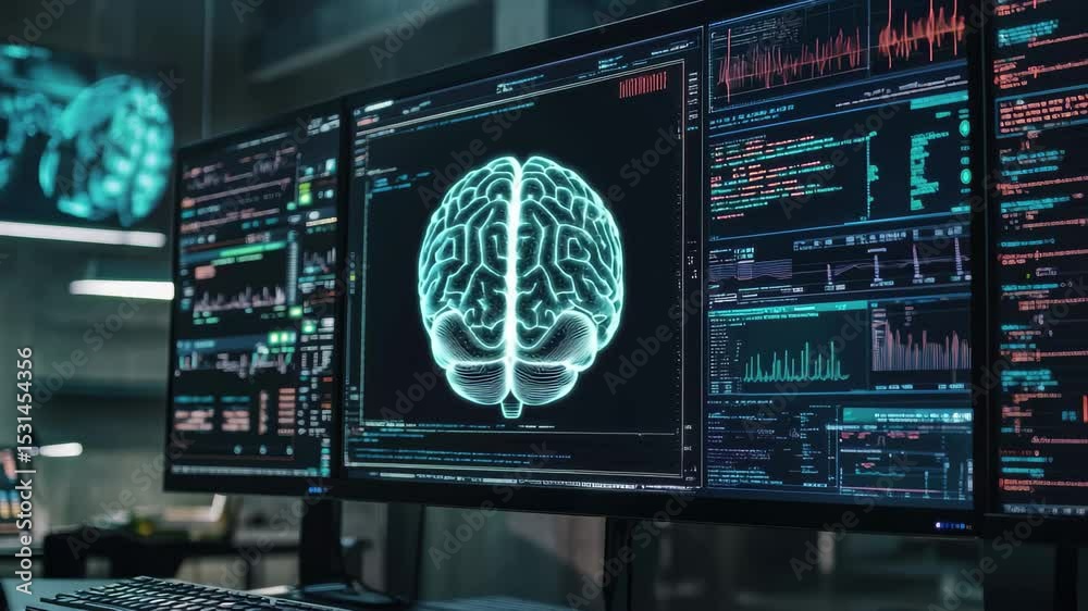 Poster human brain illustration over data processing on computer screens in a modern workspace, human brain