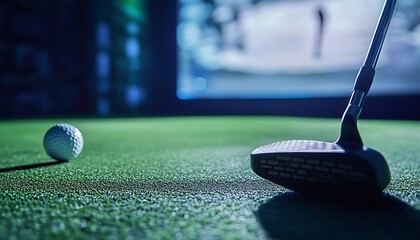 Golf club and ball on green grass with shallow depth of field