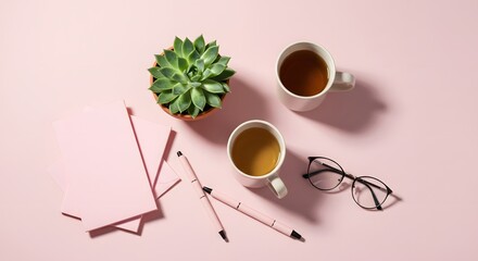 Serene Workspace Succulents, Tea, and Pink Paper