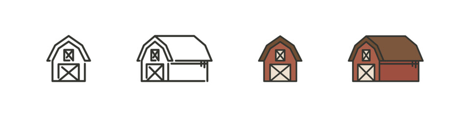 Farm bunkhouse vector icons in outline and flat filled styles. Rural wooden cabin illustrations for agriculture or lodging