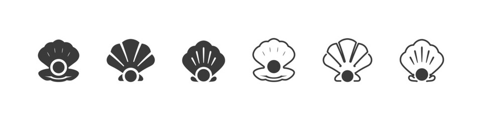 Pearl inside shell icons in flat and outline vector styles. Jewelry and sea treasure symbol set