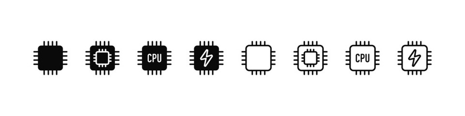 CPU and electronic component icons in outline and flat style. Hardware and processor vector designs for tech use