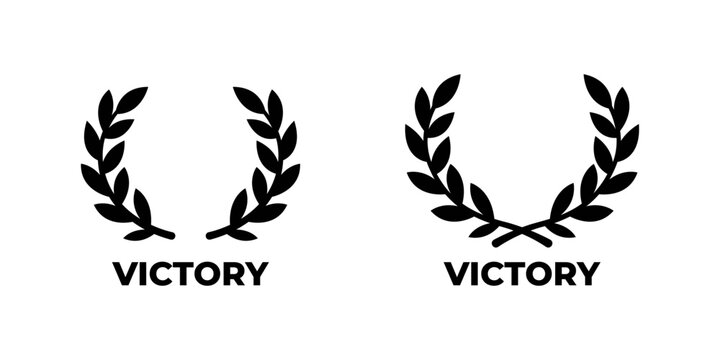 Victory laurel wreath icons in solid flat black design. Award and champion symbol collection for sports or honor