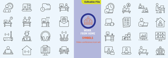 Big set of video conference line icons. Meeting, online, live, call etc. Editable stroke