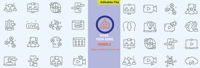 Big set of video conference line icons. Meeting, online, live, call etc. Editable stroke