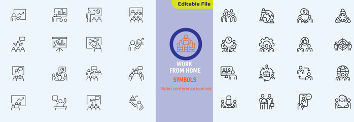 Big set of video conference line icons. Meeting, online, live, call etc. Editable stroke