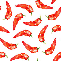 Seamless pattern watercolor chili pepper. Hand drawn illustration food hot spice drawing. Botanical hand painted red vegetables elements on white background. For interior print, greeting card, fabric.