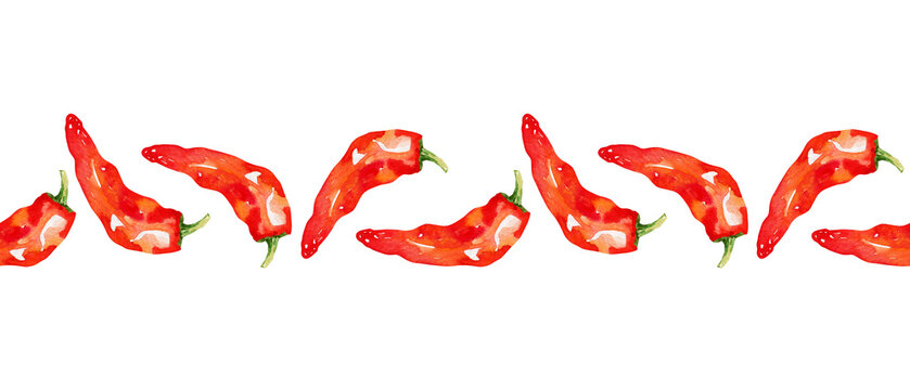 Watercolor chili pepper seamless border isolated on white background. Hand drawn illustration food hot spice drawing. Can be used for menu, greeting cards, banners, templates.