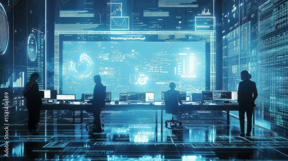 Poster data processing and analysis in a modern office with colleagues collaborating on technology, data pr