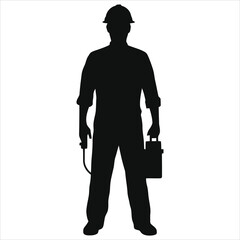 (Electricians) Vector Silhouette of a construction worker with toolbox./A simple, clean silhouette of a male construction worker wearing a hard hat and carrying a toolbox.