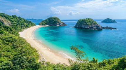 Naklejka premium Tropical Beach with Turquoise Water and Green Vegetation on a Sunny Day