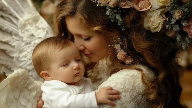 Mother lovingly caresses her newborn baby angel in a tender moment together, mom caressing her newborn baby angel close-up