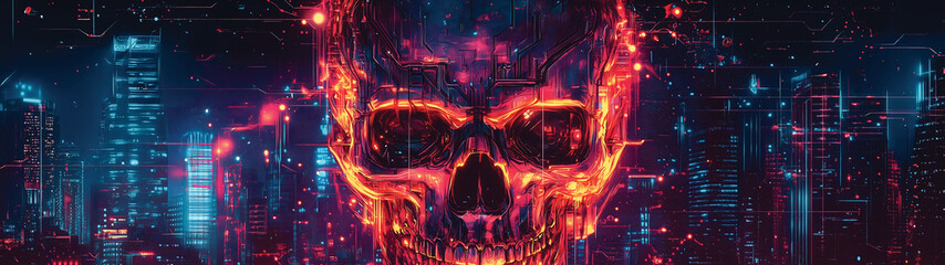 Futuristic Cyberpunk Skull with Cityscape Background - Digital Havoc
