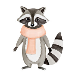 Watercolor raccoon wearing cozy scarf. Hand painted illustration on white background