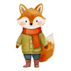 Watercolor fox in warm winter clothes. Hand painted illustration on white background
