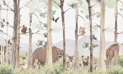 Fototapeta premium Aged Wildlife Wall Mural: Faded Brown Bear, Deer, Trees & Abstract Forest Scene