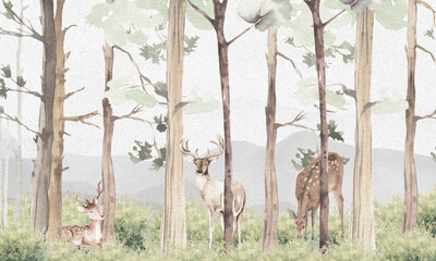 Aged Wildlife Wall Mural: Faded Brown Deer, Birds, Trees & Forest Background © csinie1
