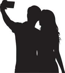 Silhouette Of A Couple Taking A Selfie Together With A Mobile Phone.