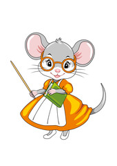 Smart little mouse teacher with a pointer and a book in her hands