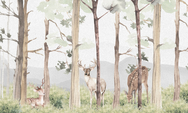 Aged Wildlife Wall Mural: Faded Brown Deer, Birds, Trees & Forest Background