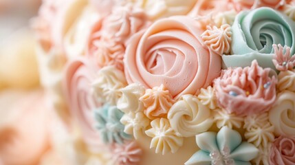 Fototapeta premium Close up photograph of a beautifully decorated floral frosted cake