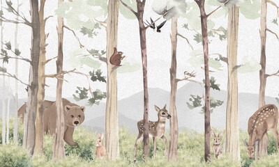 Fototapeta premium Aged Wildlife Wall Mural: Faded Brown Bear, Deer, Trees & Abstract Forest Scene