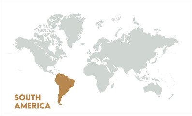 Vector world map with South America-01, Map of South America, highlighted on the world map, South America on the world map, Satellite view, South America's location on the globe.