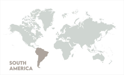 Vector world map with South America-05, Map of South America, highlighted on the world map, South America on the world map, Satellite view, South America's location on the globe.