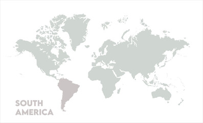 Vector world map with South America-04, Map of South America, highlighted on the world map, South America on the world map, Satellite view, South America's location on the globe.