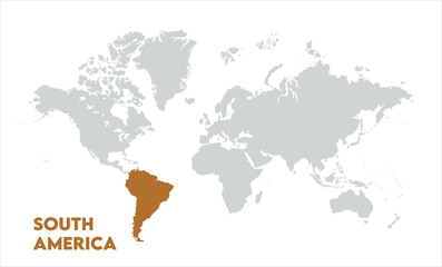 Obraz premium Vector world map with South America-08, Map of South America, highlighted on the world map, South America on the world map, Satellite view, South America's location on the globe.