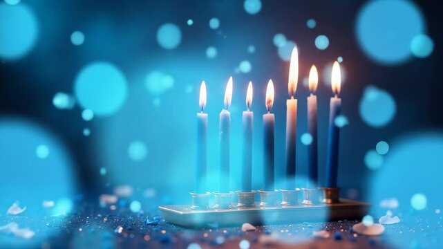Colorful menorah with lit candles glowing in a festive setting  