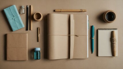 Flat lay of sustainable office supplies with recycled paper, bamboo pen, glass bottle, and linen notebook. Soft colors and natural light create a calm workspace.