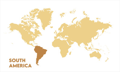World map with South America focus-01, Map of South America, highlighted on the world map, South America on the world map, Satellite view, South America's location on the globe.