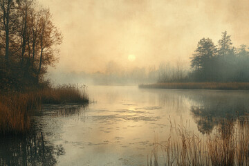 Obraz premium Reeds frame foggy lake; trees loom in background.
