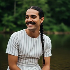 close up of a handsome queer with mustache and long braid in retro white dress posing like  in a serene background
