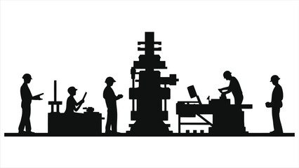 (Machine Operators)Vector Silhouette of industrial workers operating machinery/A silhouette illustration depicting industrial workers at machinery.