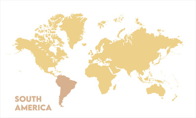World map with South America focus-10, Map of South America, highlighted on the world map, South America on the world map, Satellite view, South America's location on the globe.