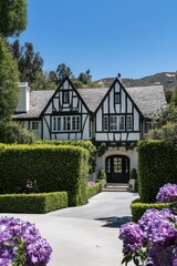 An elegant Tudor-style house, beautifully nestled within a vibrant neighborhood, is embraced by lush greenery and adorned with colorful flowers under the warm sun