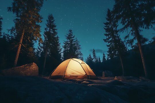 Camping tent in the forest at night. Camping equipment. - Powered by Adobe