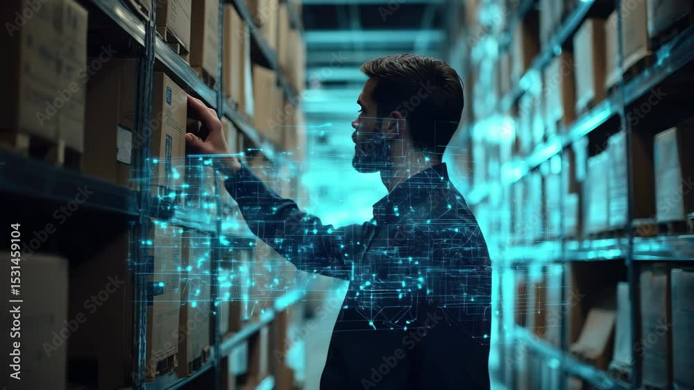Poster analyzing data streams with digital icons in a storage facility at night, icons and data processing 