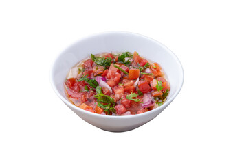 Vinagrete, typical brazilian sauce with tomato, onion, vinegar, olive oil and parsley isolated over white background