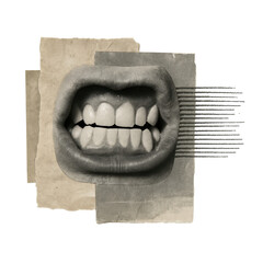 Surreal collage featuring a large mouth on layered vintage paper