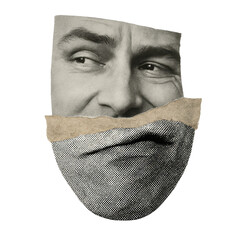 Surreal collage of a face with torn paper on transparent background