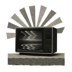 Vintage TV collage with abstract shapes on transparent background