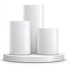 Three white cylindrical podiums on a circular base