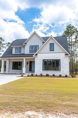 Fototapeta premium A contemporary two-story home sits gracefully amidst a lush, expansive lawn, bordered by towering trees in a serene neighborhood on a bright autumn day